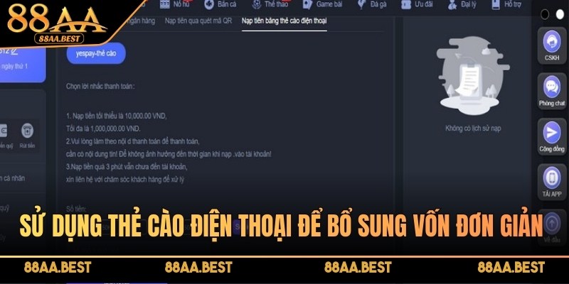 Nạp tiền 88AA - Hướng dẫn thanh toán an toàn, chi tiết 3 nạp tiền 88AA bằng thẻ cào điện thoại