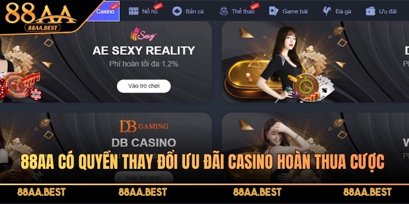 Casino 88AA hoàn thua cược lên tới 250.000.000 VNĐ mỗi ngày 4 88AA có quyền thay đổi ưu đãi casino hoàn thua cược bất kỳ lúc nào